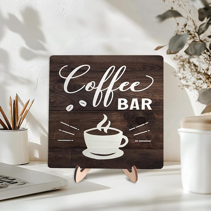 Funny Coffee Bar Decor Sign – Rustic Wooden Plaque for Coffee Station, Farmhouse Cafe Shelf Accessories, Desk or Kitchen Counter Decor,Birthday,Mother Day Gift 5.9 x 5.9 Inch (Brown) - Image 5