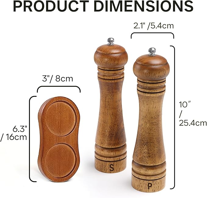 Wooden Salt and Pepper Grinder Set, Premium Oak Wood Salt Grinders Shakers, Pepper Mill with S and P Engraving, Adjustable Ceramic Grinder (10″ - 2 Packs with Tray) - Image 3