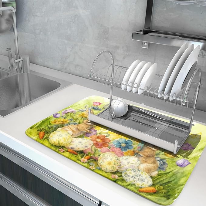 Easter Egg Dish Drying Mat 18x24 Inch Bunny Floral Green Drying Pad for Kitchen Counter Washable - Image 5