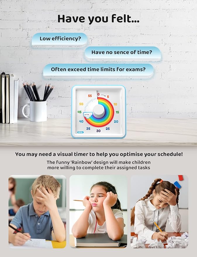 LIORQUE 60 Minute Visual Timer for Kids, Visual Countdown Timer for Classroom Office Kitchen with 'Rainbow' Pattern Design, Pomodoro Timer with Silent Operation (Batteries Included) - Image 3