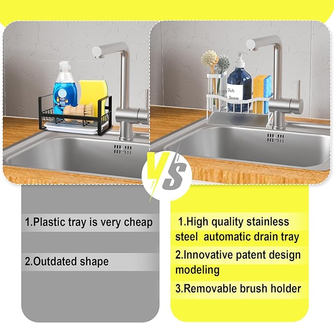 Maifan Sink Caddy Sponge Holder for Kitchen with Brush Holder and Stainless Steel Self Drain Tray, Rustproof Kitchen Sink Organizer for Sponge, Soap Dispenser Storage Accessories (Lacquer Silver) - Image 4