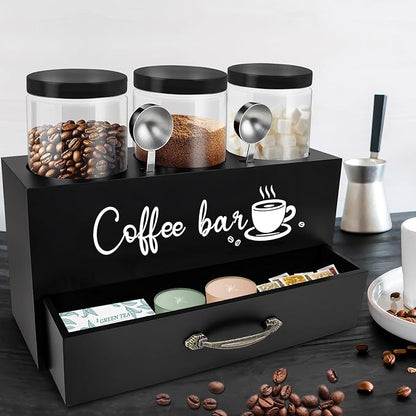 MACIFECI 54 oz Coffee Canister Set with Shelf, Coffee and Sugar Container Set of 3 Canisters Sets for Kitchen Counter, Plastic Coffee Bean Storage Container with Scoop (Black - Drawer)
