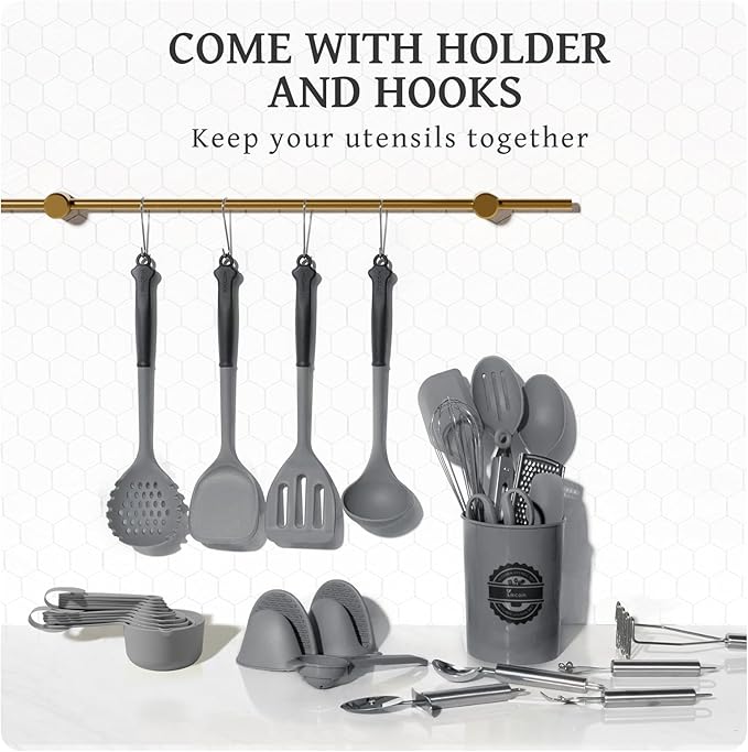 Kikcoin 43Pcs Large Kitchen Utensils Set - Silicone Cooking Utensils Set, Dishwasher Safe Spatula Set for Non-stick Cookware, 446°F Heat Resistant Kitchen Utensils Set with Holder BPA Free, Grey - Image 7
