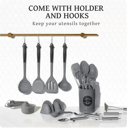 Kikcoin 43Pcs Large Kitchen Utensils Set - Silicone Cooking Utensils Set, Dishwasher Safe Spatula Set for Non-stick Cookware, 446°F Heat Resistant Kitchen Utensils Set with Holder BPA Free, Grey - Image 7