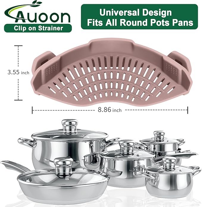 AUOON Clip on Strainer for Pots and Pans - Silicone Food Strainer for Draining Pasta, Spaghetti, Noodles, Fruits, Vegetables, Grease, Ground Beef (Almond Rose) - Image 2