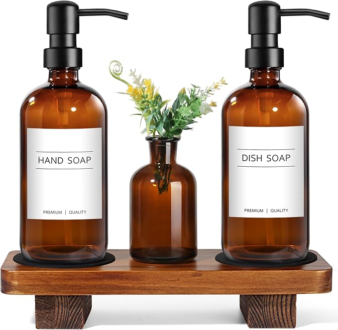 Kitchen Soap Dispenser Set with Wood Riser Tray, Amber Glass Soap Dispenser with Stainless Steel Pump, Hand and Dish Soap Dispenser Set for Kitchen, Soap and Lotion Dispenser Bathroom Decor(Amber) by ALPIRIRAL