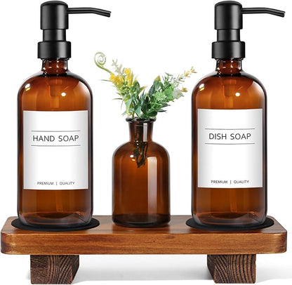 Kitchen Soap Dispenser Set with Wood Riser Tray, Amber Glass Soap Dispenser with Stainless Steel Pump, Hand and Dish Soap Dispenser Set for Kitchen, Soap and Lotion Dispenser Bathroom Decor(Amber) by ALPIRIRAL