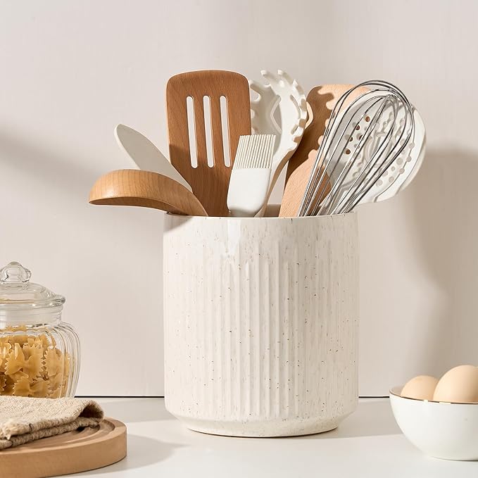 JIEMEI HOME Kitchen Utensil Holder, 7.2" Large Ceramic Stable Utensil Crock for Countertop, Utensil Organizer with Cork Mat, Removable Bamboo Divider for Easy, Kitchen Decor, Aged Ivory Speckle by JHJIEMEIHOME