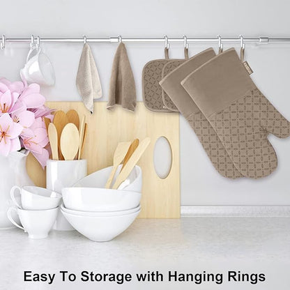 KEGOUU Oven Mitts and Pot Holders 6pcs Set, Kitchen Oven Glove High Heat Resistant 500 Degree Extra Long Oven Mitts and Potholder with Non-Slip Silicone Surface for Cooking (Khaki) - Image 3