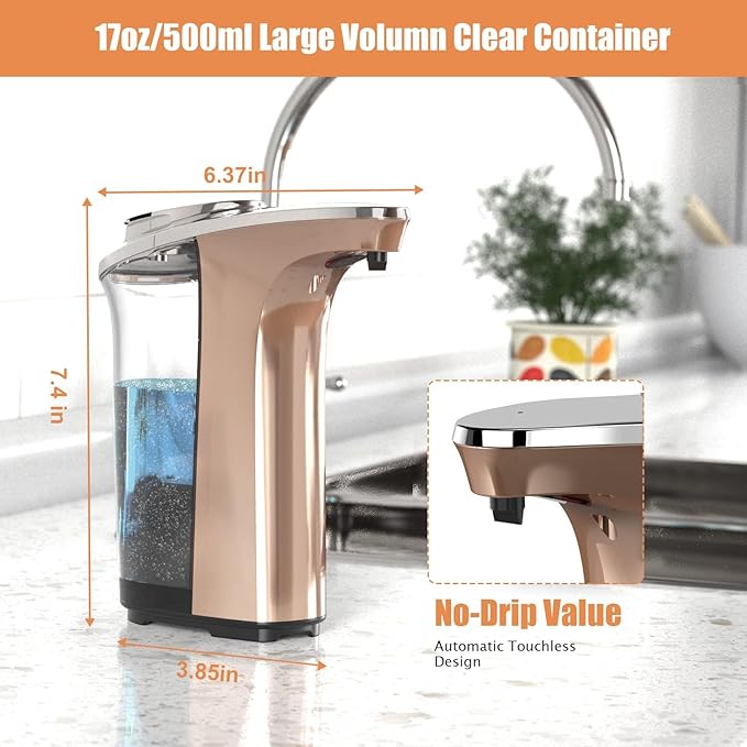Automatic Soap Dispenser, PZOTRUF Touchless 17oz/500ml with Upgraded Infrared Sensor, 5 Adjustable Soap Dispensing Levels, Liquid Hand Soap Dispenser for Bathroom (Rose Gold) - Image 7