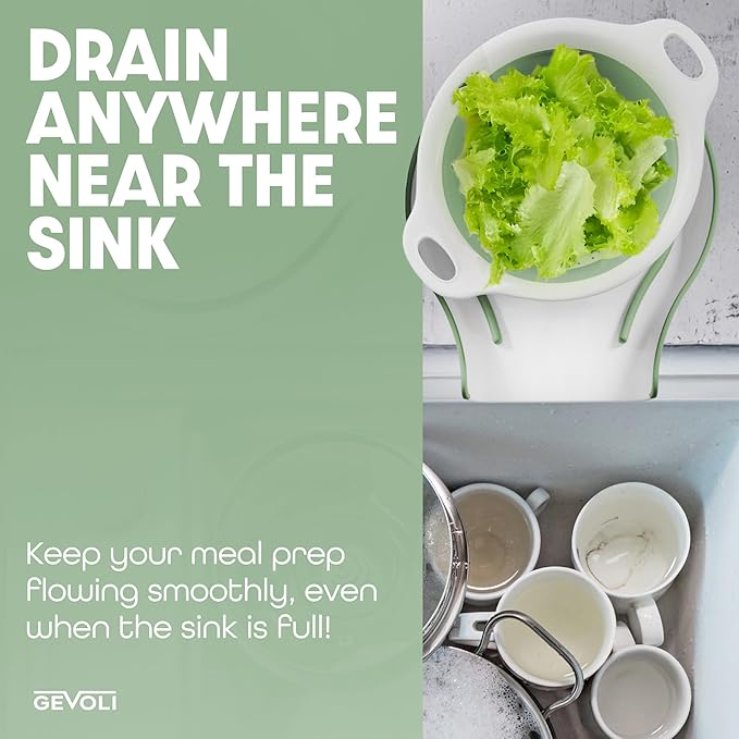 Gevoli Collapsible Colanders (3 Pack Set) Food Strainers with Over-Sink Water Draining Base for Pasta Fruits and Vegetables, White/Sage (3 Sizes, 3QT, 4QT and 5 Quart) - Image 2