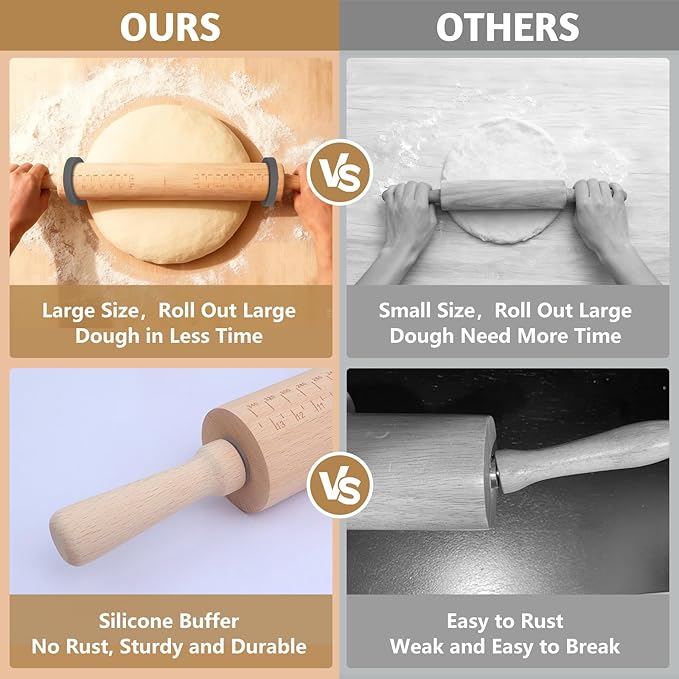 Long Adjustable Wood Rolling Pin: 21.1 Inch Rolling Pin with Thickness Rings and Measurement - Wooden Dough Roller for Baking Pastry Pizza Pie Crust Tortillas Cookie Bread - Bakers Baking Lovers - Image 7
