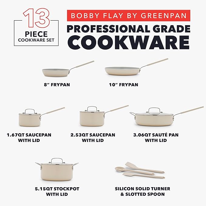 GreenPan x Bobby Flay 13 Piece Nonstick Cookware Pots and Pans Set, PFAS-Free Diamond Ceramic, Induction Suitable, Easy Clean Dishwasher & Oven Safe, Stay-Cool Silicone Handles, Glass Lids, Cream - Image 4