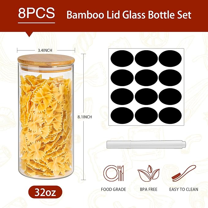 SLifeJars-32 oz Glass Jars with Bamboo Lids 8 pcs Glass Food Storage Containers with Airtight Bamboo Lids, Glass Canisters Stackable Kitchen Pantry bamboo lid for Coffee Beans, Rice, Sugar and More - Image 2