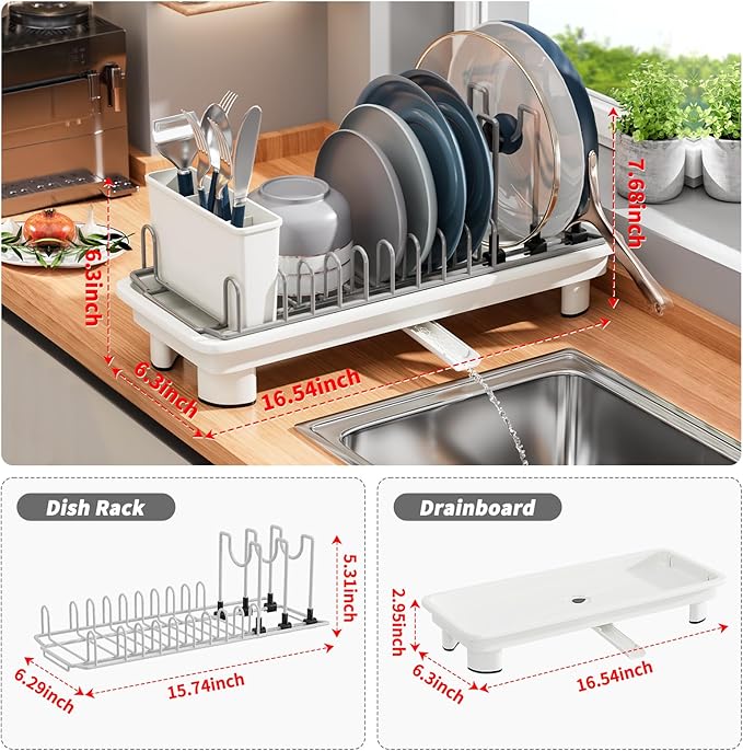 SanDream Small Dish Drying Rack with Removable Utensil Holder & Anti-Scratch Base - Stainless Steel Dish Rack, Dish Drying Rack with Drainage & Space Saving Design for Kitchen Counter, White - Image 3