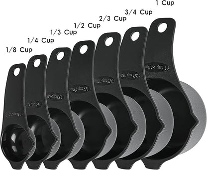 Measuring Cups and Spoons Set 15, Black Dry & Liquid Plastic Measuring Cups and Spoons, Metric & US 7 Measure Cups & 7 Measure Spoons for Kitchen & Baking