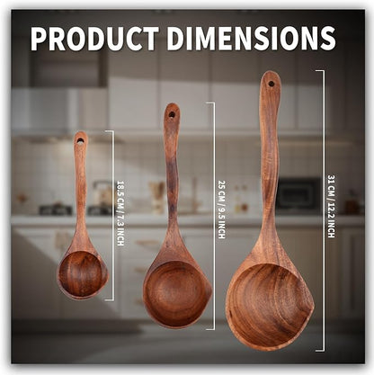Wooden Ladle Spoon Set, 3 Size Teak Large Soup Ladel Wood Spoons for Cooking Serving Spoon Ladles Wooden Cooking Spoon Long Handle Mixing Spoon Ladle