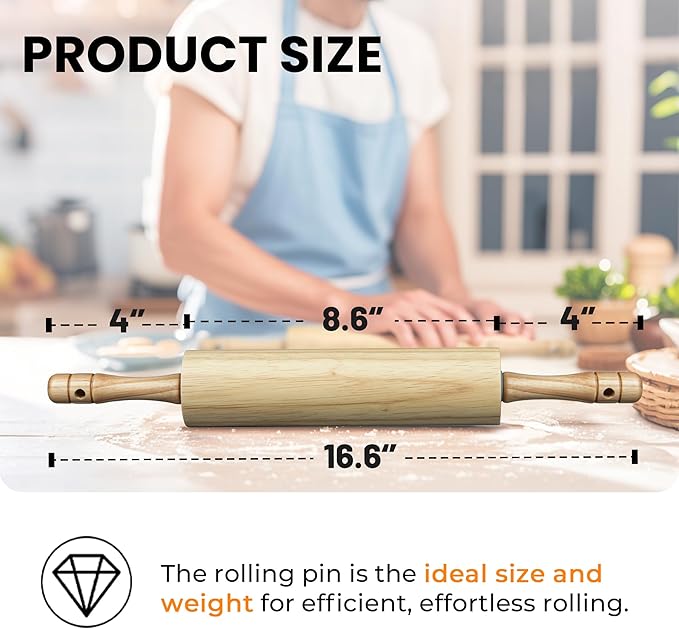 KARRYOUNG Rubber Wood Rolling Pin for Baking, Kitchen Dough Roller With Handles, Rodillo Para Masa, Rolling Pin for Dough, Pizza,Bread, Fondant & Tortilla - Image 2