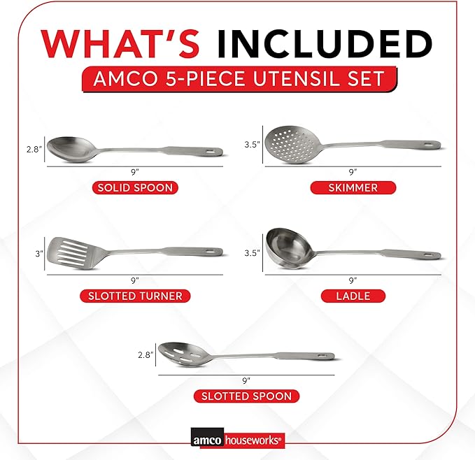 Amco 5 Piece Stainless Steel Cooking Utensil Set - Durable Kitchen Gadgets - Metal Kitchen Accessories - Easy to Clean Kitchen Tools - Image 3