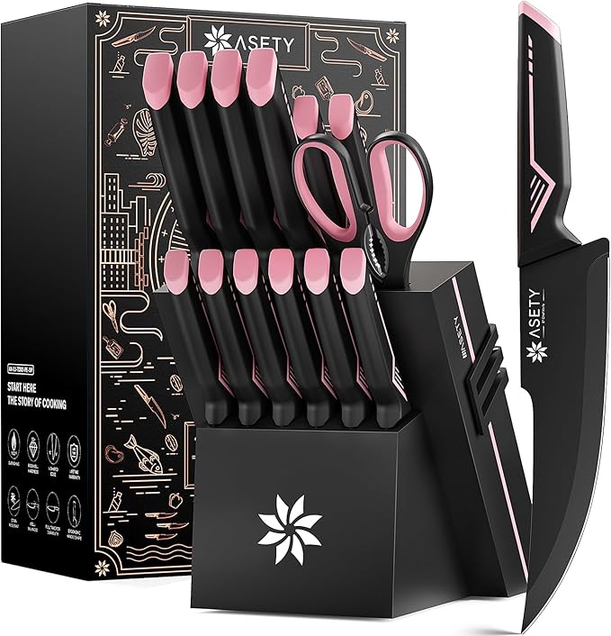 Knife Set - 15 PCS Kitchen Knife Set with Built-in Knife Sharpener Block - Stainless Steel Knife Block Set - Dishwasher Safe, Elegant Box for Her Women Wife, Mothers Day, Pink by ASETY