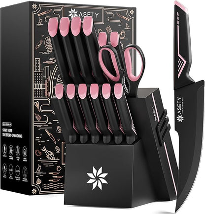 Knife Set - 15 PCS Kitchen Knife Set with Built-in Knife Sharpener Block - Stainless Steel Knife Block Set - Dishwasher Safe, Elegant Box for Her Women Wife, Mothers Day, Pink by ASETY