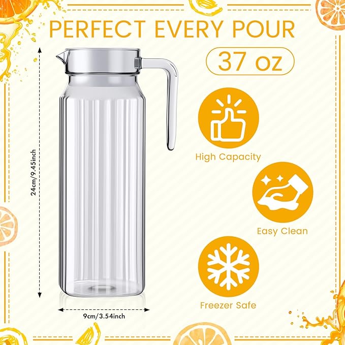 Didaey 4 Pcs Acrylic Water Pitcher with Lid, Spout Handle Clear Plastic Pitcher Heat Resistant Carafe Unbreakable Beverage Container Fridge Jug for Juice Ice Tea Sangria Lemonade(37 oz,Stripe)