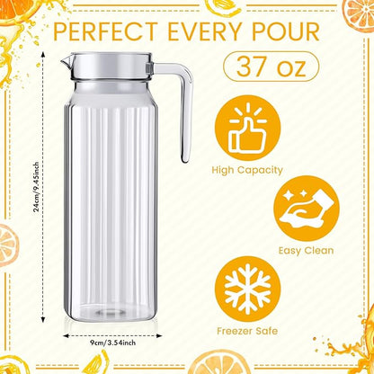 Didaey 4 Pcs Acrylic Water Pitcher with Lid, Spout Handle Clear Plastic Pitcher Heat Resistant Carafe Unbreakable Beverage Container Fridge Jug for Juice Ice Tea Sangria Lemonade(37 oz,Stripe)