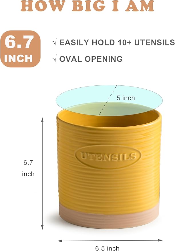 YHOSSEUN Kitchen Utensil Holder for Countertop, Ceramic Utensil Holder for Kitchen Counter, Cooking Utensil Crock for Spatula, Oval Shape, Yellow - Image 2