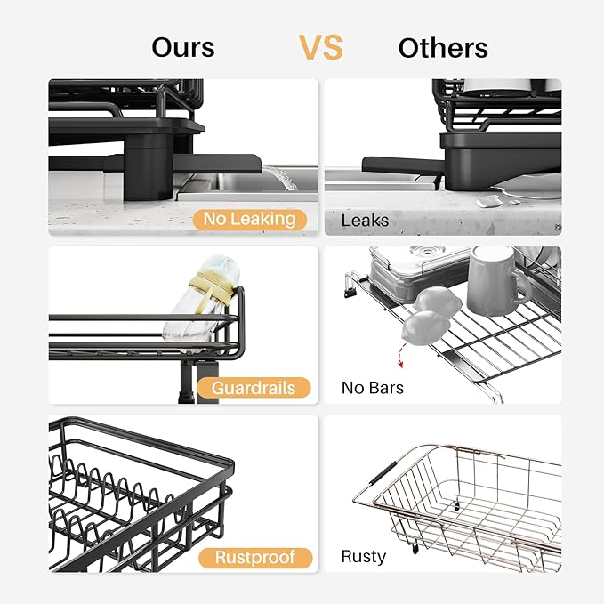 SNTD Dish Drying Rack - Extendable Dish Rack, Large Sink Drying Dish Drainer for Kitchen Counter, Stainless Steel Dish Strainer with Utensil Holder (Black) - Image 3