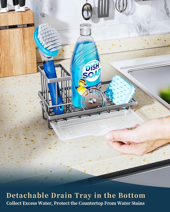 Consumest Sponge Holder for Kitchen Sink, Sink Caddy Organizer with Removable Drip Tray, Countertop Dish Soap Holder and Brush Holder, 304 Stainless Steel - Sand Nickel - Image 4