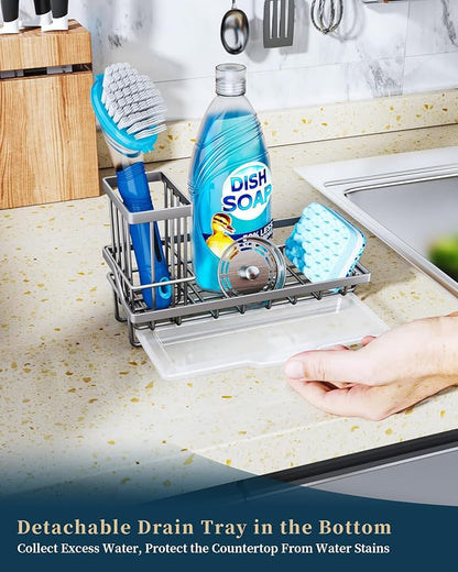 Consumest Sponge Holder for Kitchen Sink, Sink Caddy Organizer with Removable Drip Tray, Countertop Dish Soap Holder and Brush Holder, 304 Stainless Steel - Sand Nickel - Image 4