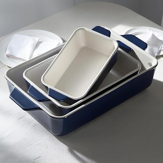 Kook Casserole Dish, Ceramic Baking Dish, Large Lasagna Pan Deep for Oven, 8.5 x 14, 11 x 7, 8 x 5, Set of 3, 92oz, 50oz, 20oz, Baking Pan with Handles, Oven Safe and Durable, Home, Gift, (Navy) - Image 3