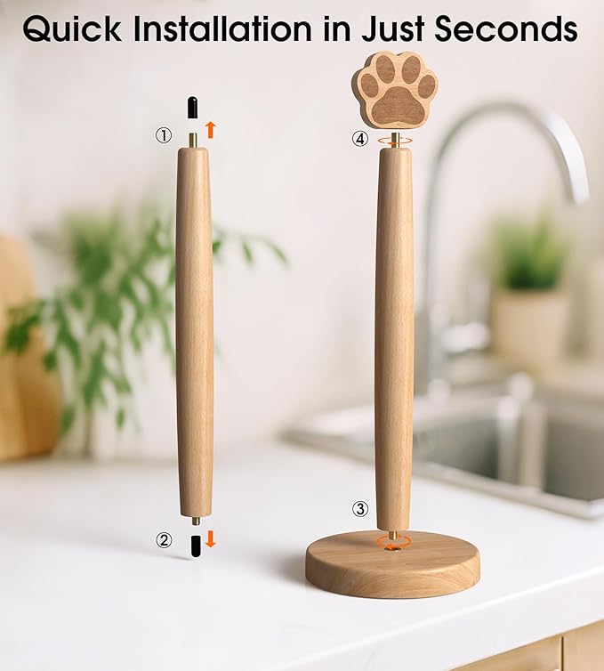 KitchLife Cute Wooden Paper Towel Holder Countertop - Solid Freestanding Paper Towel Dispenser Stand Organizer with Anti-Skid Base (Paw) - Image 5