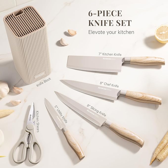 Astercook Knife Set, 6-Piece Kitchen Knife Set with Block, High Carbon Stainless Steel Ultra Sharp Kitchen Knives, Wood Grain Handle, Dishwasher Safe Knife Block Set, Khaki, Mothers Day Gifts - Image 2