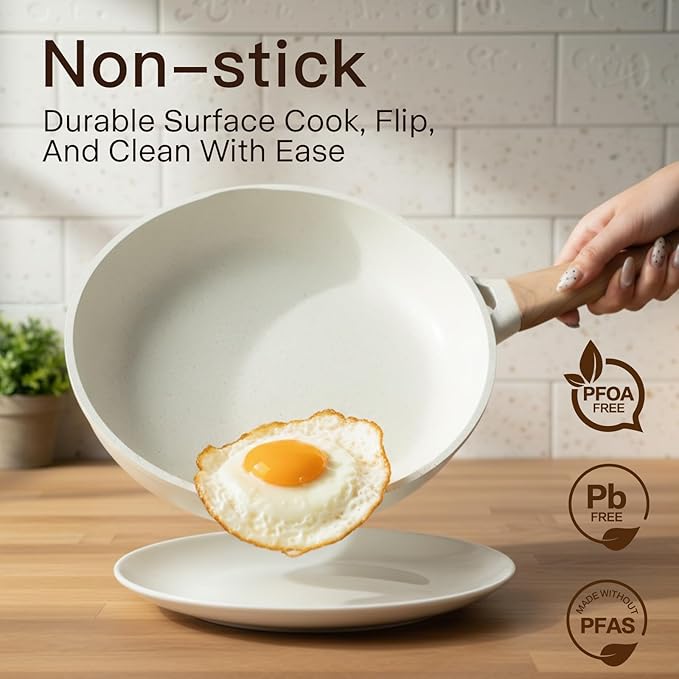 Pots and Pans Set Non Stick Non-Toxic 22 Pcs Ceramic Cookware Sets Nonstick Kitchen Pot&Pan With Lid Cream White Granite Induction Compatible with Glass Lids Crepe Frying Pan PFOA/PFOS-Free - Image 3