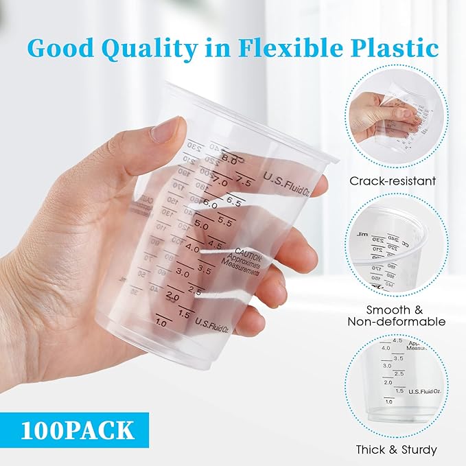 100 PACK Plastic Measuring Cups, 10 oz Disposable Mixing Cups with 100 Wooden Mixing Sticks, Can Be Used for Epoxy Resin, Liquid Measuring, Paint, Cooking and Baking - Image 2