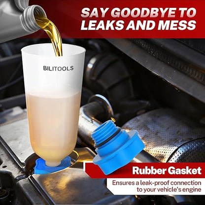 BILITOOLS 20-Piece Oil Funnel Kit for Engine Oil Change, 2.2 QT Automotive Funnel Set with 15 Adapters & Air Filter Regulator, One-Hand Operation, Compatible with GM, VW, Ford, BMW, Audi and More