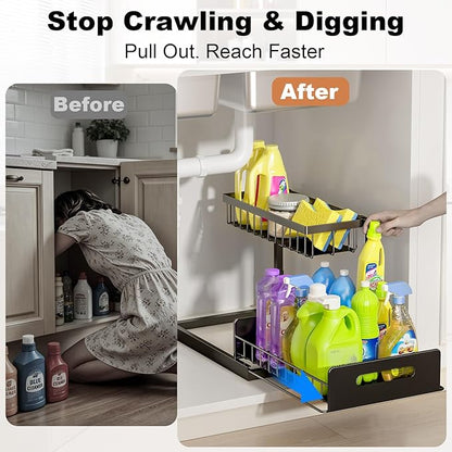 REALINN Under Sink Organizer, L-Shaped 2 Tier Pull Out Cabinet Organizer for Kitchen and Bathroom, Slide Out Under Cabinet Storage, Metal Under Sink Storage with Sliding Drawer, 50 lbs, Black 2 Pack - Image 4