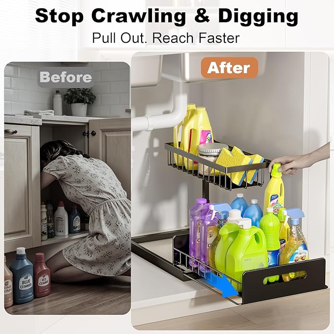 REALINN Under Sink Organizer, Pull Out Cabinet Storage 2 Tier Slide Out Sink Shelf, Kitchen Organizers and Storage, Black, 1 Pack - Image 4