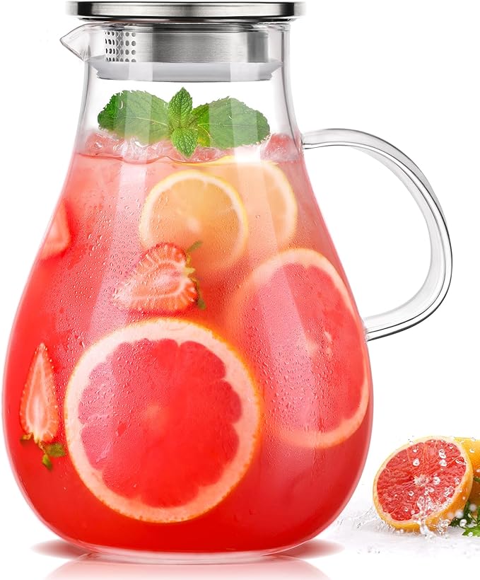 LUNA & MANTHA 1 Gallon Glass Pitcher with Lid, 128oz Glass Water Pitcher with Handle for Fridge, Borosilicate Large Water Jug, Iced Tea, Coffee and Sangria Hot/Cold Beverage (Extra-Wide Mouth) by LUNAMANTHA