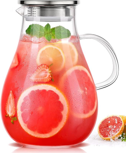 LUNA & MANTHA 1 Gallon Glass Pitcher with Lid, 128oz Glass Water Pitcher with Handle for Fridge, Borosilicate Large Water Jug, Iced Tea, Coffee and Sangria Hot/Cold Beverage (Extra-Wide Mouth) by LUNAMANTHA