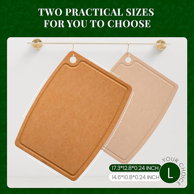 Kikcoin Wood Cutting Board, Cutting Boards for Kitchen Dishwasher Safe Non-slip Chopping Board with Juice Groove, Wood Fiber Composite Cutting Board with Hanging Hole, 17.3"*12.8" - Image 2