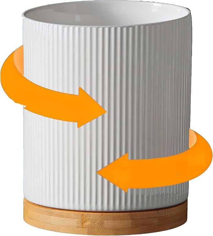 360° Rotating Utensil Holder for Kitchen Counter, 7.6'' Extra Large Utensil Caddy for Countertop, Modern Utensil Organizer for Spatula, with Rotatable Bamboo Base, White by Unknown