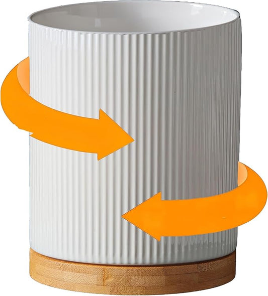 360° Rotating Utensil Holder for Kitchen Counter, 7.6'' Extra Large Utensil Caddy for Countertop, Modern Utensil Organizer for Spatula, with Rotatable Bamboo Base, White by Unknown