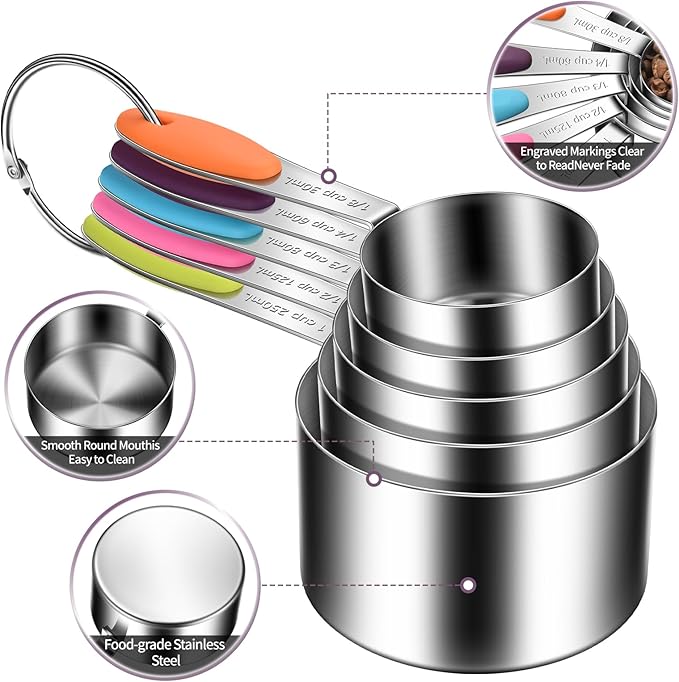 10-Piece Measuring Cups and Spoons Set, 304 Stainless Steel with Color-Coded Silicone Handles, Engraved Metric/US Measurements, Stackable & Detachable, Dishwasher Safe