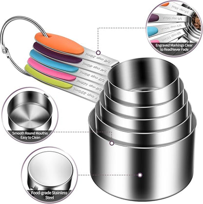 10-Piece Measuring Cups and Spoons Set, 304 Stainless Steel with Color-Coded Silicone Handles, Engraved Metric/US Measurements, Stackable & Detachable, Dishwasher Safe