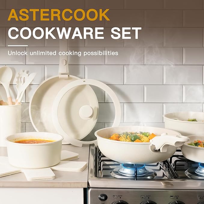 Astercook 21 Pcs Pots and Pans Set Non Stick, Ceramic Cookware Set Detachable Handle, RV Kitchen Cooking Set Removable Handles, Oven Safe, Induction Ready, Stackable, Cream White, Mothers Day Gifts - Image 5