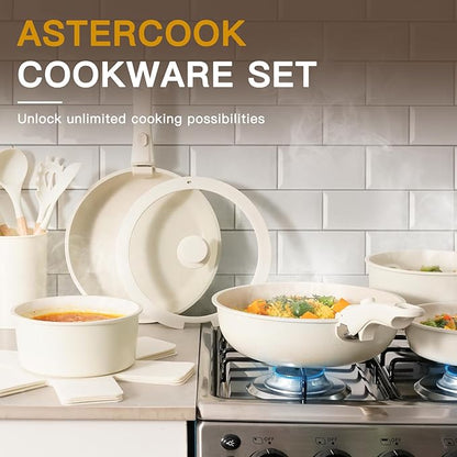 Astercook 21 Pcs Pots and Pans Set Non Stick, Ceramic Cookware Set Detachable Handle, RV Kitchen Cooking Set Removable Handles, Oven Safe, Induction Ready, Stackable, Cream White, Mothers Day Gifts - Image 5