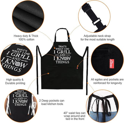 Funny Grilling Aprons for Men - BBQ Cooking Apron with 2 Pockets, Adjustable Neck Strap and 40" Long Ties - That's What I Do I Grill and I Know Things