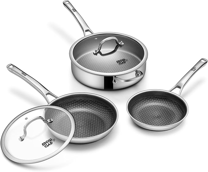 Frying Pans Nonstick Set with Lid,Hybrid Non Stick 5 Quart Saute pan,10 inch Skillet,8 inch Skillet PFOA Free Cookware,Stainless Steel skillet,Deep Braiser,Dishwasher Safe,Works on All Cooktops by SNOWCLAD